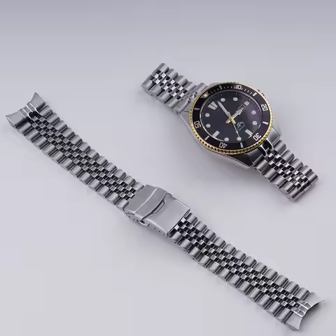 Rolamy 22mm Solid CurvedEnd Stainless Steel Silver Jubilee WatchBand Strap Luxury Bracelets For Casi