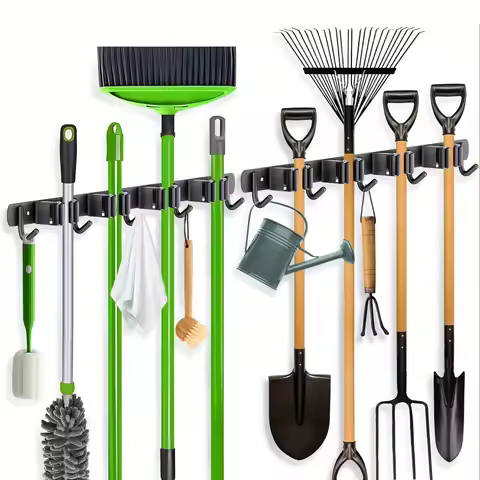 Mop and Broom Rack, Garden Tool Rack, Wall Mounted Sturdy Broom Rack with 4 Slots and 5 Hooks Garage