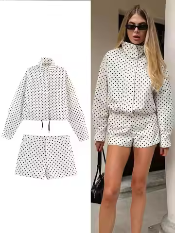 Woman Polka Dot Print Jacket Suits Stand Collar Long Sleeves Drawstring Coat+Pocket Streetwear Women