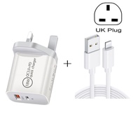 YUI SDC-18W 18W PD 3.0 + QC 3.0 USB Dual Fast Charging Universal Travel Charger with USB to 8 Pin Fast Charging Data Cable, UK Plug 1106