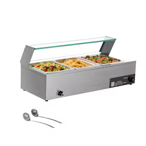 SucceBuy Commercial Food Warmer Electric Stainless Steel Steam Food Warmer with Glass Cover 3-Pan Co