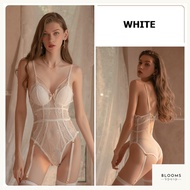 [BLOOMS] Sexy Eyelash Lace Deep V Bodysuit Corset Sexy Lingerie Sleepwear With Garter Belt