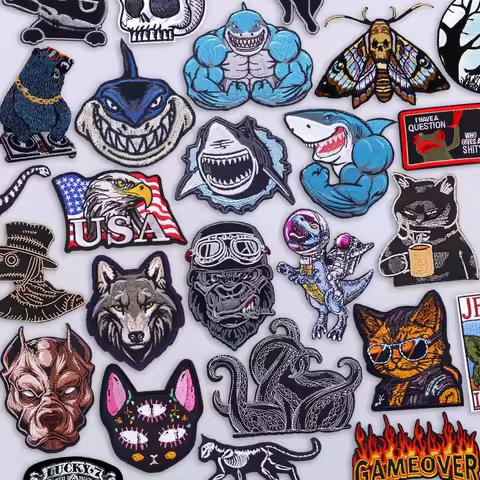 Wolf Shark Embroidery Patch Fierce Animal Iron On Patches for Biker Vest Denim Jacket Motorcycle Clu