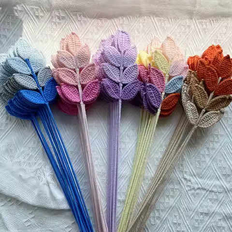 Handmade Crochet Colorful Mixed Four Season Leaves 7 Leaves Bouquet Crafts Home Decor Hand-knitted F