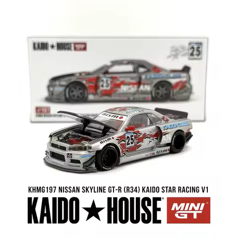 Kaido House KHMG197 1:64 Skyline GTR R34 Kaido Star Racing V1 Silver Red Livery Open Hood Widebody D