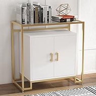 GAOMON Sideboard Buffet Storage Cabinet, 2 Door Accent Console Table with Ample Storage Space &amp; Steel Frame and Tempered Glass Top for Bedroom, Living Room, Kitchen, Office or Hallway, White &amp; Gold