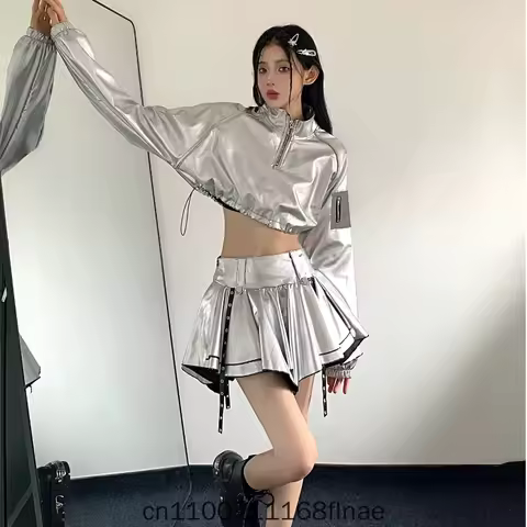 Jazz Dance Outfit Silver Long Sleeved Short Hoodie Cool Cheerleading Performance Outfit Women's Hip-
