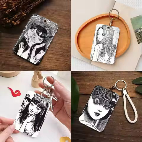 1pc Anime Tomie Junji Ito Card Case Keychain Access Card Bag Key Tag Ring Leather Card Holder Key Ri