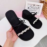 Dép bánh mì quai đá HALEY STORE cao gót 6cm mũi hở quai thắt nơ đính đá xoàn phù hợp cô dâu tiểu thư