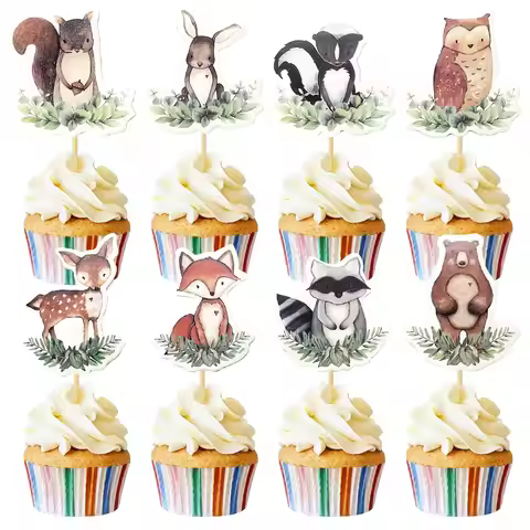 24pcs Woodland Party Cupcake Topper Woodland Fox Deer Happy Birthday Theme Woodland Creatures Fawn A