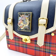立體老虎綴寶石水晶裝飾 紅色格子x寶藍PU仿皮箱子斜肩帶手袋包包