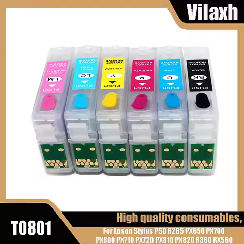 Vilaxh T0801 - T0806 Refillable Ink Cartridge For Epson Stylus P50 R265 PX650 PX700 PX800 PX710 PX72