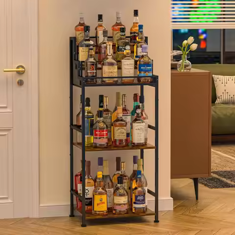 Freestanding Liquor Stand with Stepped Design , Large-Capacity Liquor Bottle Display Shelf