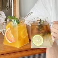 Ins Large Capacity Square Glass with Handle Influencer Restaurant Fruit Tea Cup Juice Bubble Cup Cof
