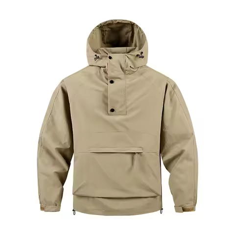 Men Anorak Pullover Hooded Jacket Half Button Windproof Outdoor Hiking Coat Adjustable Drawstring Po