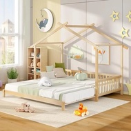 Wood Extendable House Bed, Twin To King House Daybed With Safety Rails & Decorable Roof, Montessori 