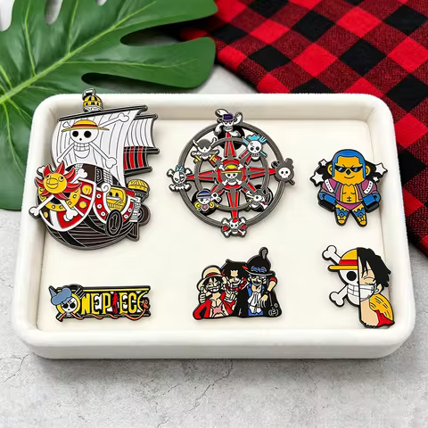 6pcs One Piece Enamel Pin Set - Thousand Sunny Luffy Ace Sabo Franky & Pirate Wheel Collectible Badg