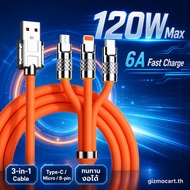 120W 6A 3-in-1 Fast Charging Cable with Type-C, Micro USB, and iOS connectors. 180° bendable design,