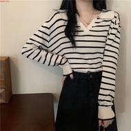 Msia Ready Stock🔥T2308 Korean Collar Striped Knitted Shirt