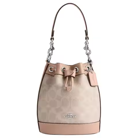COACH Dempsey Artificial Leather One Shoulder Bucket Bag, Crossbody Handbag Mini Women's Light Khaki