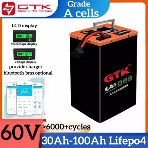 GTK 60V 30Ah Lithium Battery 40Ah 50Ah 60Ah 70Ah 80Ah 90Ah 100Ah LiFePO4 with BMS for 500W 800W 1000