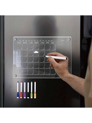 1套（1塑膠板+6支筆） -磁性透明月週可擦拭簡易桌曆,冰箱磁鐵可擦拭桌曆,可重複使用的白板月曆規劃器