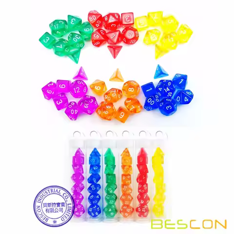 Bescon Mini Translucent Polyhedral RPG Dice Set 10MM, Small RPG Dice Set D4-D20 in Tube Packaging, A