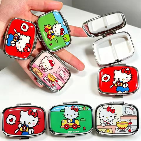 Original Sanrio Hello Kitty Metal Storage Box Pill Organizer Compartmentalized Cute Cartoon Mini Jew