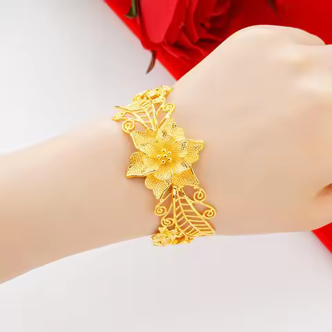 Plated Color 24K Real Gold 18K Flower Bracelet Gold-Plated Hollow Flower Bracelet Gold Bangle Weddin