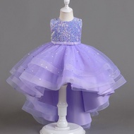 Purple Pink White Kids Girls Princess Dresses Sleeveless Sequined Mesh Trailing Gown Dress For Kids 