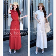 LEOSWEARING Office Set Cotton Linen Polo Shirt with Embellished Red Skirt G356