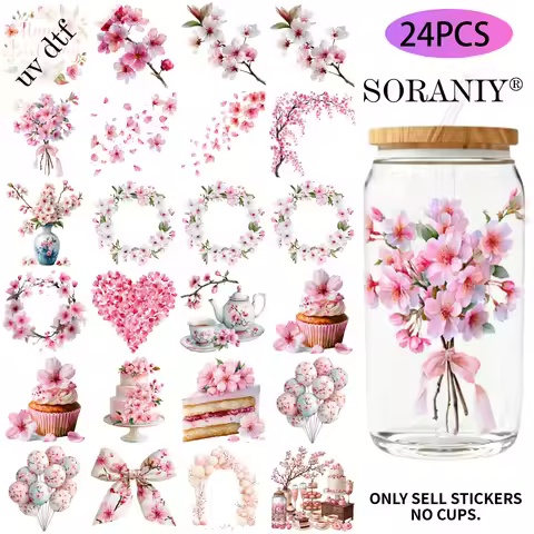 24PCS/Set Cherry Blossom Birthday Themed UV DTF 16OZ DIY Transfer Sticker For 16OZ Water Bottles Gla
