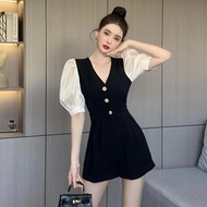 Women's Jumpsuit S-XL Girls' Clothing Jumpsuit Korean Version Jumpsuit Wide Version Shorts French Niche Black Temperament Jumpsuit Women 2022 Summer Puff Sleeve Design Feeling Connection