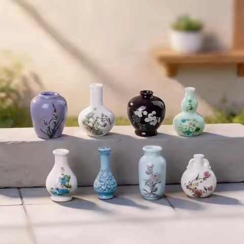 8Pcs Mini Resin Vase Imitation Porcelain Figurine Affordable Tiny Decor for Rental Home Apartment