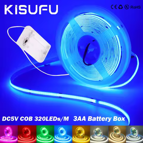 DC5V COB LED Light Strip 3AA Battery Powered 8mm PCB 320LEDs/m White Green Blue Pink RA90 Flexible A