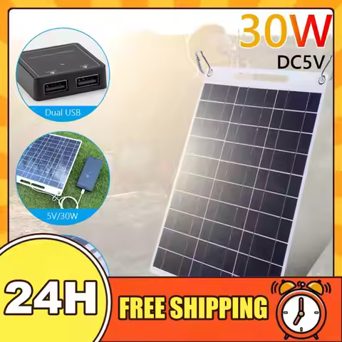 30W 5V Portable Solar Panel Polysilicon Solar Charging Panel Dual USB Ports Photovoltaic Cells for 3