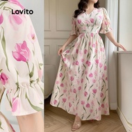 trendy3-Lovito Elegant Dress Fabric Stitching Structure Line Spring/summer Light Pink Dress for Wome