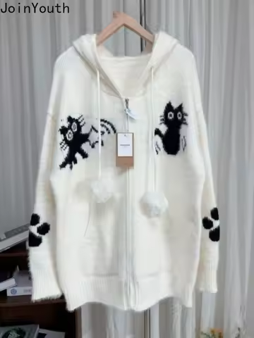 Knitwear Cardigan Sueter Mujer Korean Cartoon Cat Jacquard Knitted Hooded Jacket Pull Femme Soft Chi