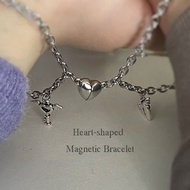Stainless Steel Couple Bracelet with Simple Heart-shaped Magnetic Lock Fashion Silvery Bracelet Metal Couple Bangle for Women