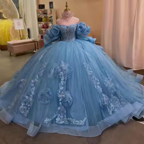 Customized 3D Flower Quinceañera Dress Crystal Ball Gown Quince Años Vestido Lace Appliques Princesa