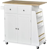 Home Office Rolling Kitchen Island Storage Trolley Cart With 3-Tier Spice Rack &amp; Rubber Wood Top For Dining Room White