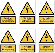 Stickers: 75 x 50 mm, Pack of 6 – Vorsicht Hochspannung – Warning Sign with Text (German) (Yellow/Bl