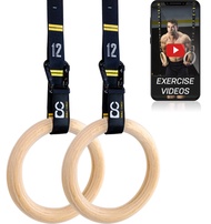 Double Circle Wood Gymnastics Rings with Quick Adjust Numbered Straps and Exercise Videos Guide - Fu