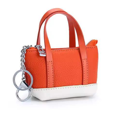 Fashion Color Block Women's Genuine Leather Mini Keychain Coin Purse Lipstick Storage Pouch Brand Co