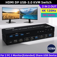 8K 60Hz Dual Monitor HDMI DP KVM Switch 2 in 2 out 4K 120Hz USB3.0 2x2 KVM Switch for 2 PC 2 Monitor