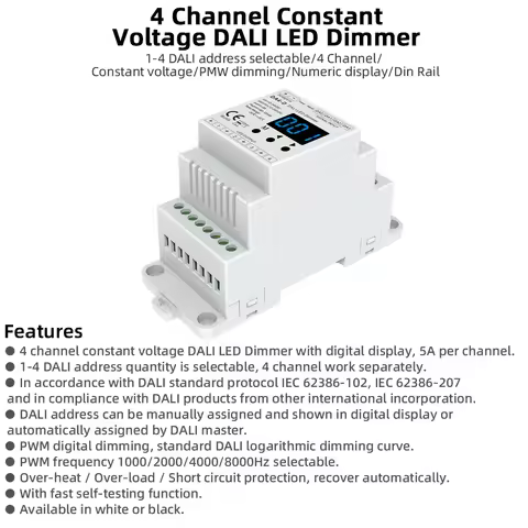 DALI LED Dimmer 12V 24V DC 4 Channels Constant Voltage Numeric Display PMW Dimming DIN Rail 20A 240W