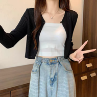 防曬開胸衫V領針織女薄款配吊帶裙披肩外搭冷氣衫短款長袖-白色 均碼