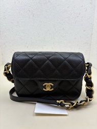 香奈兒 Chanel 晶片款 22A系列黑金荔枝牛皮方胖子 斜挎包20cm