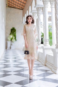 เดรส ลูกไม้ปักดิ้นทอง  M-3XL ชุดเดรส ชุดไปงาน ชุดออกงาน ชุดคุณแม่ ชุดแม่เจ้าสาว ชุดแม่เจ้าบ่าว ชุดงา