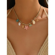 Bohem style woven rope necklace with multi-colored charms, summer beach chocker necklace